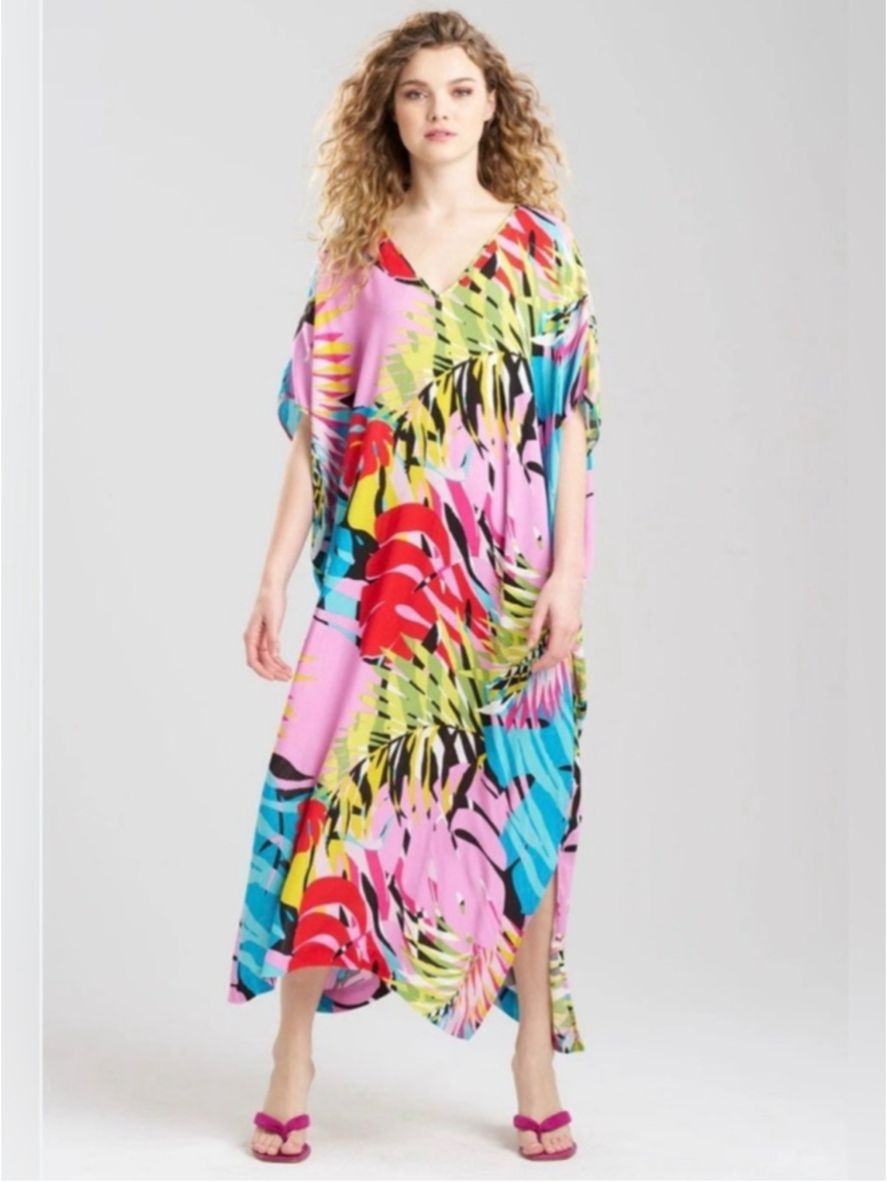 NATORI Bora Bora Caftan pink multi tropical print One Size Mu Muu Resort Leisure